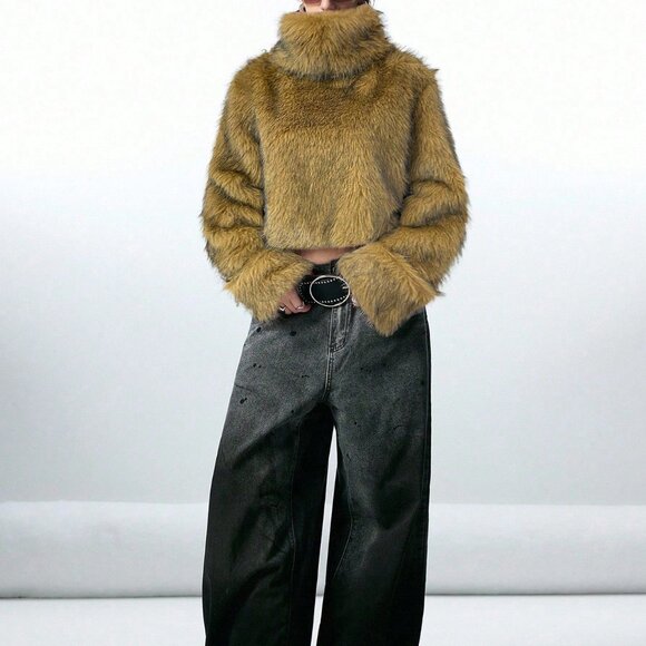 Camel Women's Long Sleeve fluffy faux fur Warm Jacket - Picture 5 of 7